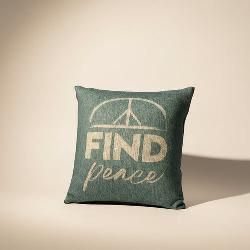 FIND Peace Pillow in Azure – soft blue intention pillow with 'FIND Peace' text and peace symbol, double-sided design for throat chakra alignment