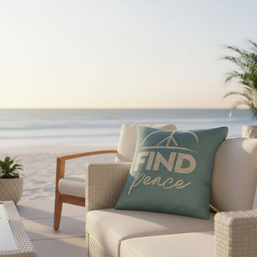 FIND Peace Pillow in Azure – soft blue intention pillow with 'FIND Peace' text and peace symbol, double-sided design for throat chakra alignment